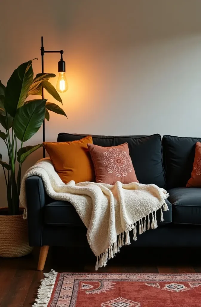 Pair a Dark Charcoal Sofa With Warm Boho Accents to Avoid the Cold Minimalist Look