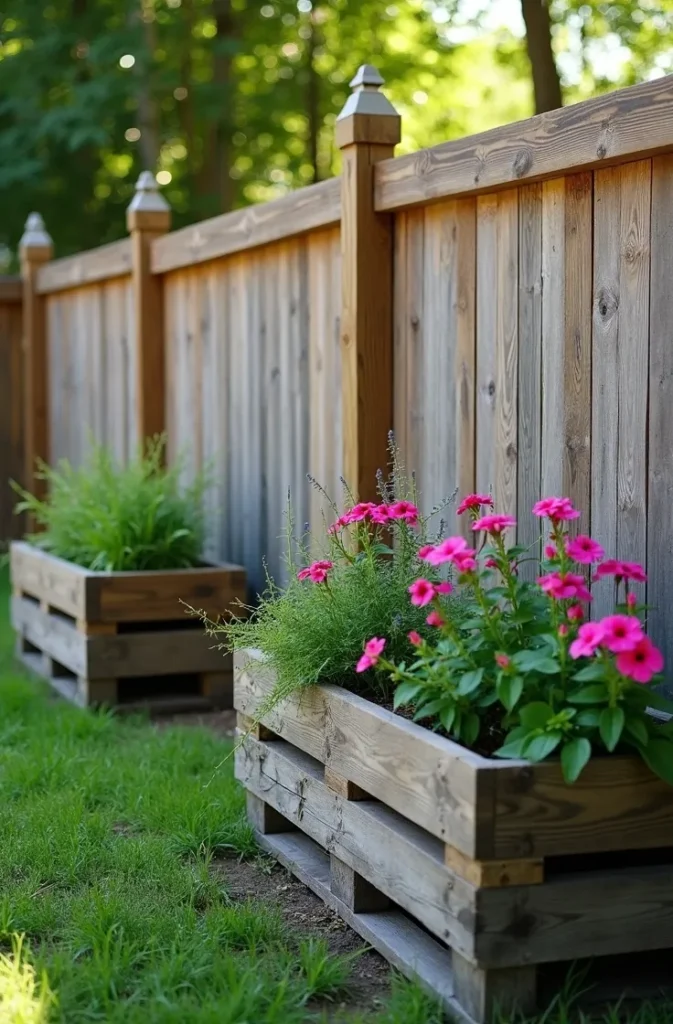 Pallet Fence With Built-In Planter Boxes at Post Bases