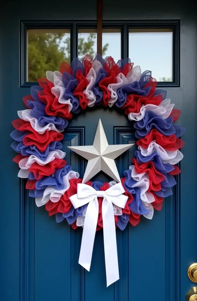 Patriotic Red, White, and Blue Deco Mesh Wreath for Fourth of July Doors