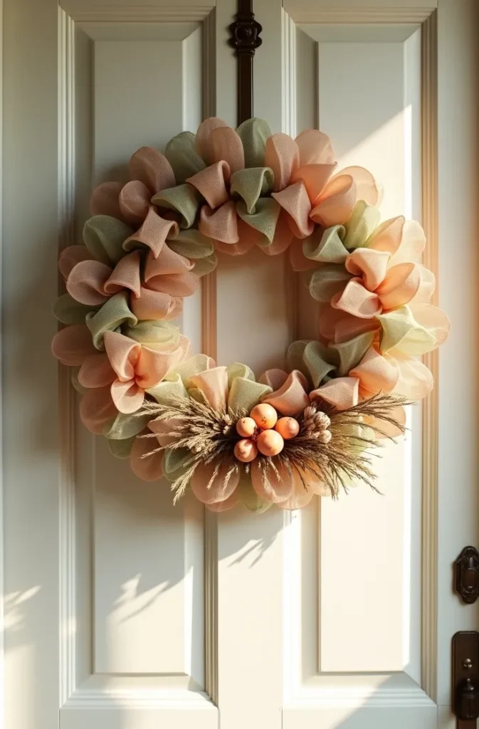 Peach and Sage Green Deco Mesh Wreath for a Soft, Organic Summer Look