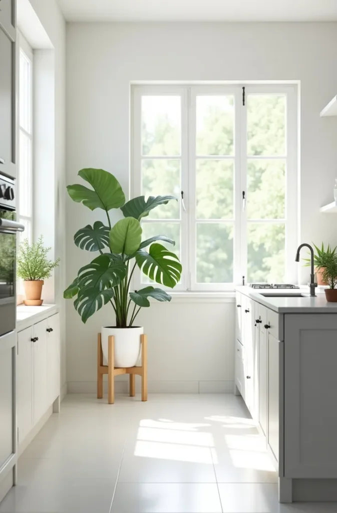 Place a Single Large Green Plant in the Kitchen Corner for Visual Freshness