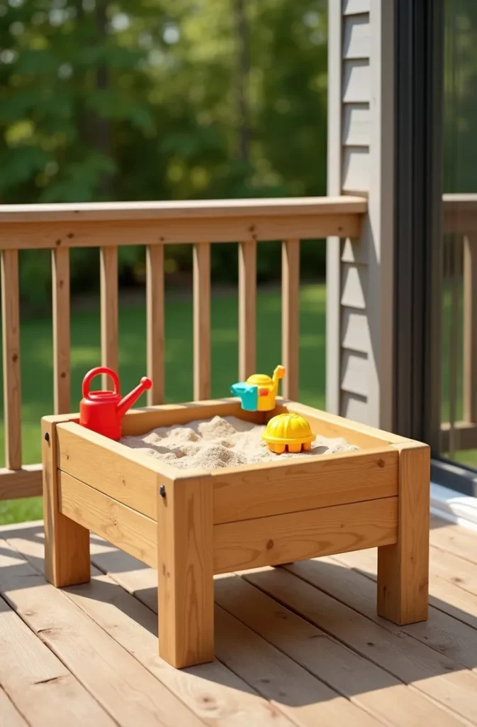 Raised Sandbox on Deck Legs for Toddlers With Ergonomic Standing Play Height