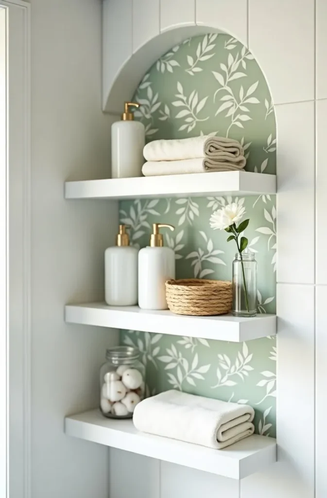 Reline Bathroom Shelves With Peel-and-Stick Wallpaper to Add Pattern Without Paint or Damage