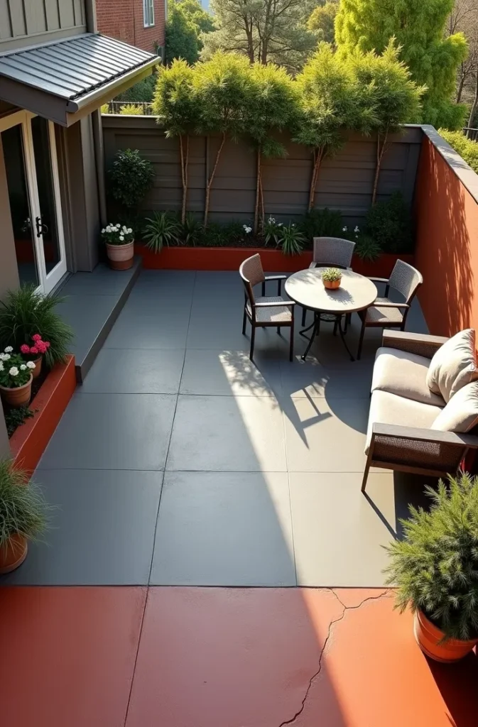 Rust Red and Charcoal Two-Tone Concrete Patio for Dramatic Contrast