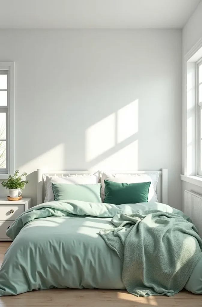 Sage Green Bedding on White Walls Maximum Flexibility With Minimum Commitment