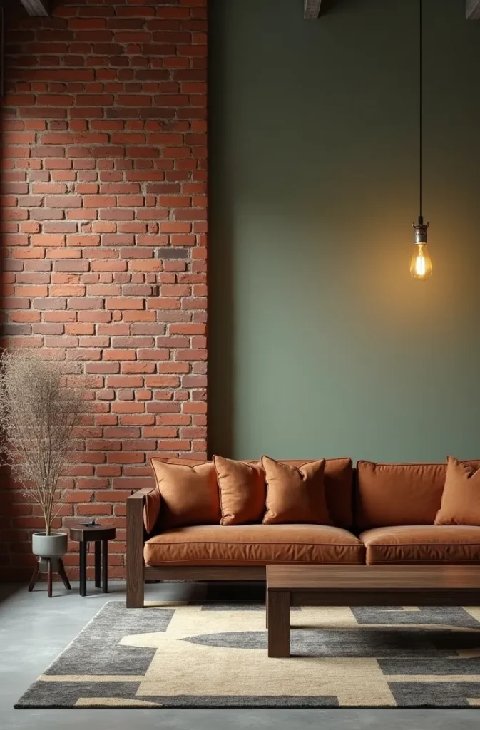 Sage Green Living Room With Exposed Brick Urban and Organic in Equal Measure
