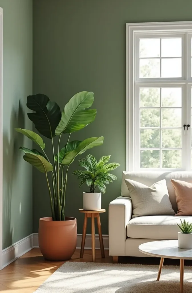 Sage Green Living Room With Plants Using Greenery to Extend the Color Into Three Dimensions