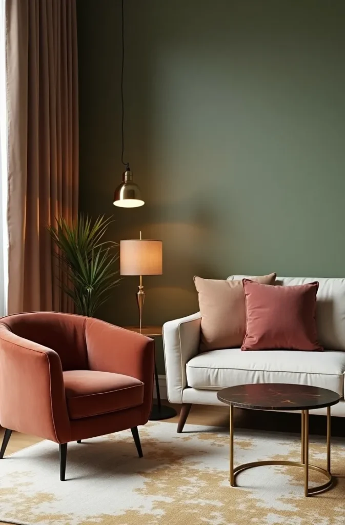 Sage Green Living Room With Velvet Accents Adding Depth Through Material Contrast