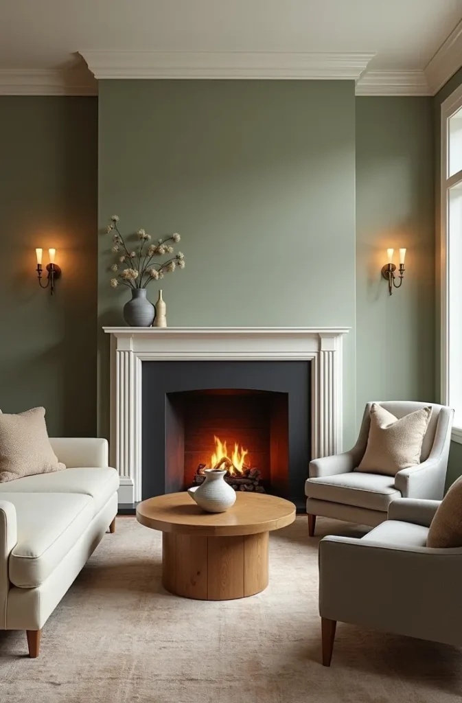 Sage Green Living Room With a Fireplace Anchoring Color Around an Architectural Feature
