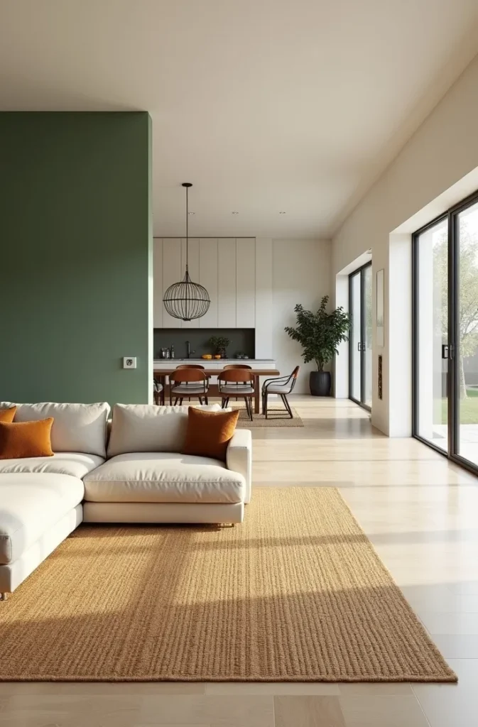 Sage Green Open-Plan Living Room Managing Color Across a Connected Space