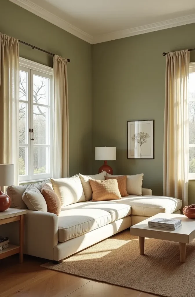 Sage Green Walls With a Warm Cream Sectional A Full-Room Commitment That Stays Livable
