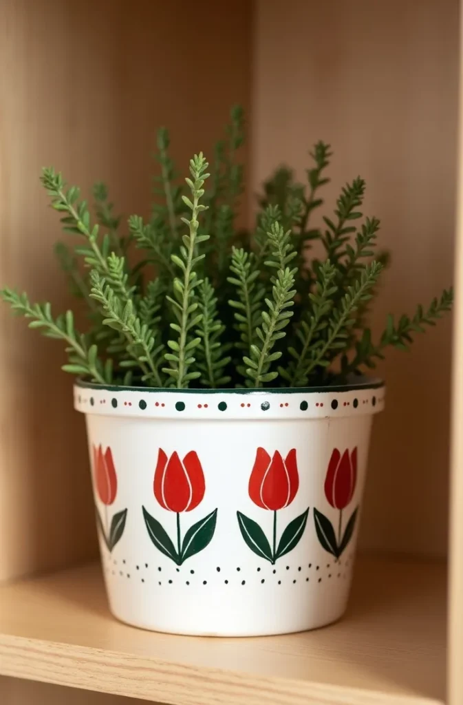 Scandinavian Folk Art Motifs Painted on White-Based Pots