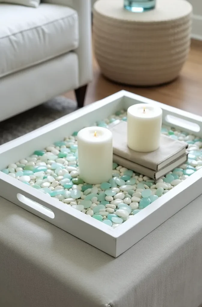 Sea Glass and Pebble Mosaic Tray That Works as a Coastal Coffee Table Display