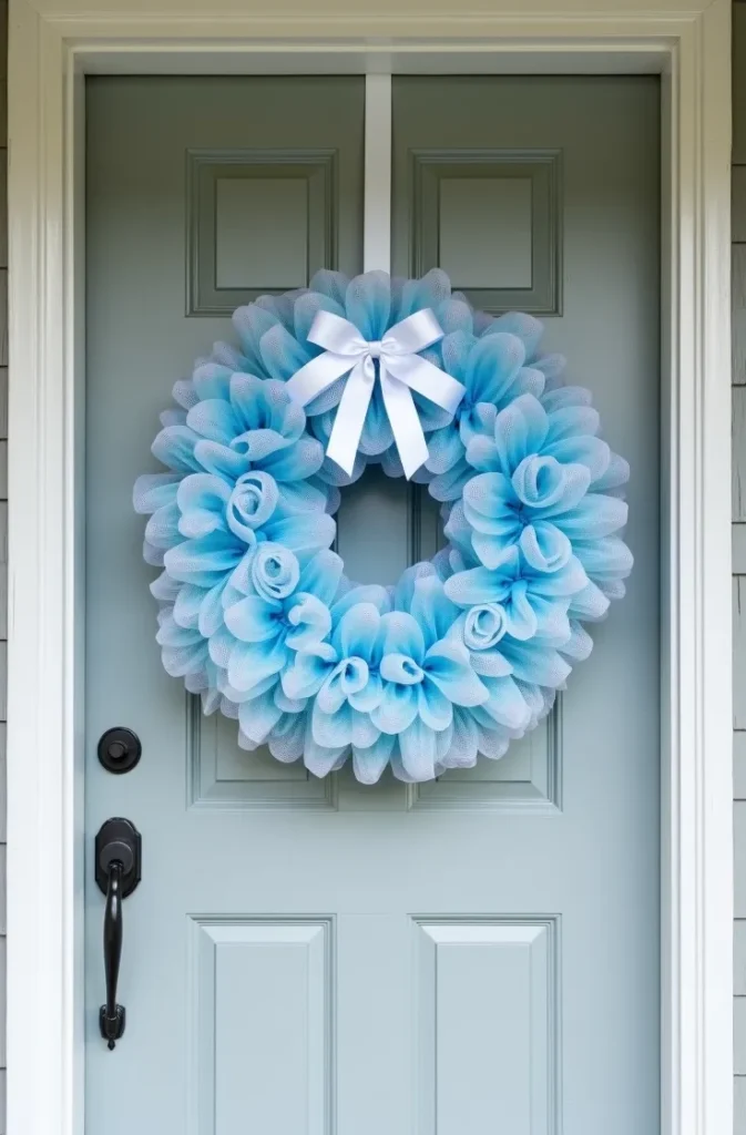 Soft Blue and White Deco Mesh Wreath for a Breezy Coastal Porch