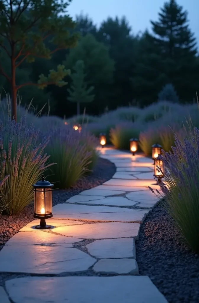 Solar Lantern Path That Guides and Decorates a Backyard Garden Walkway