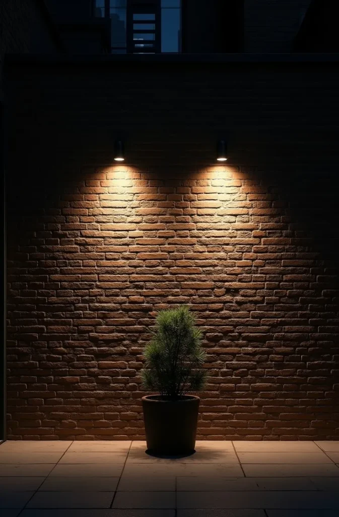 Spotlights Aimed at a Garden Wall Mural or Textured Boundary for Architectural Drama