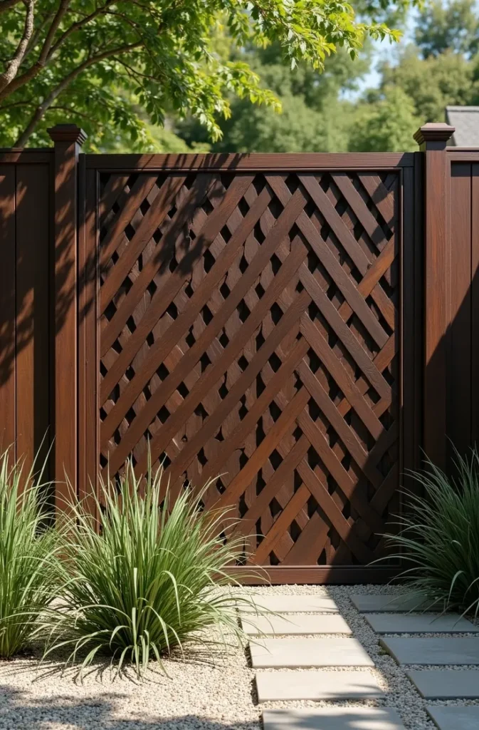 Stained Dark Walnut Lattice for a Luxury Garden Screen