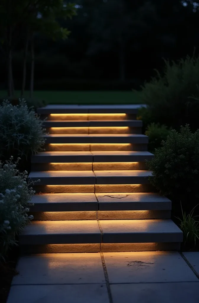Step and Riser Lights Built Into Garden Stairs for Safety and Clean Modern Style