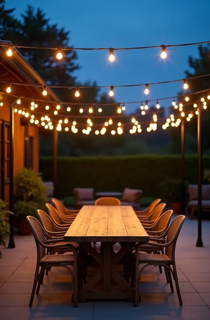 String Light Canopy Over a Dining Area That Creates Instant Ambiance After Dark