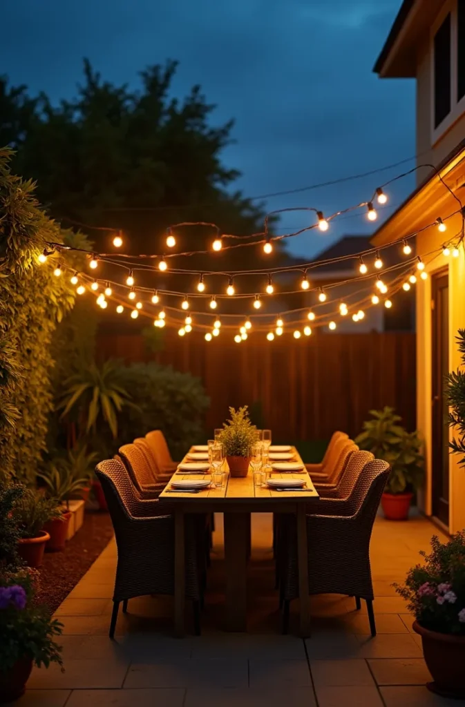 String Lights Suspended in a Canopy Grid Over an Outdoor Dining Area