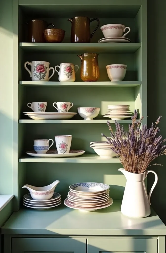 Style Open Shelving With Mismatched China and Collected Glassware