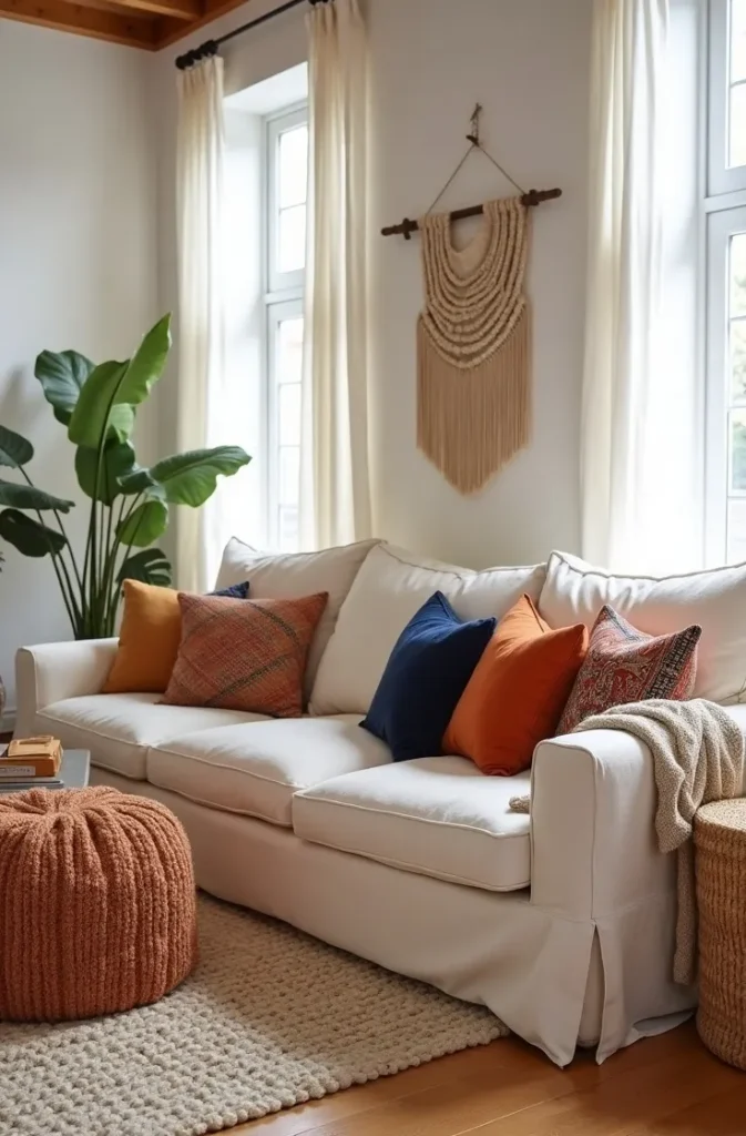 Style a Neutral Linen Couch With a Layered Throw and Global-Print Pillows to Build a Boho Base
