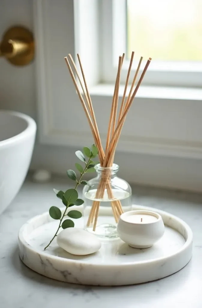 Style the Bathroom Counter With a Seasonal Scent Layer Using a Reed Diffuser or Candle