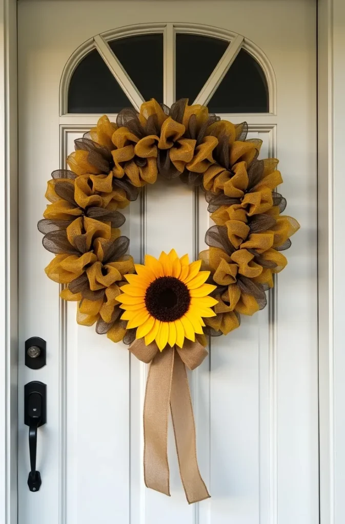 Sunflower Deco Mesh Wreath With Yellow and Brown Layered Loops