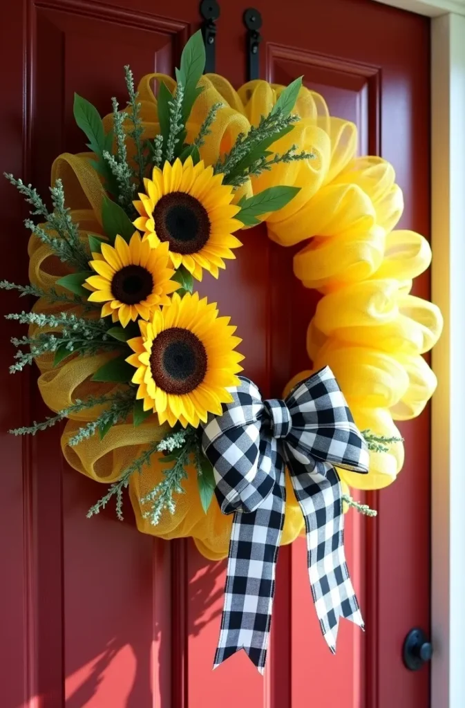 Sunflower and Buffalo Check Deco Mesh Wreath for a Cozy Porch