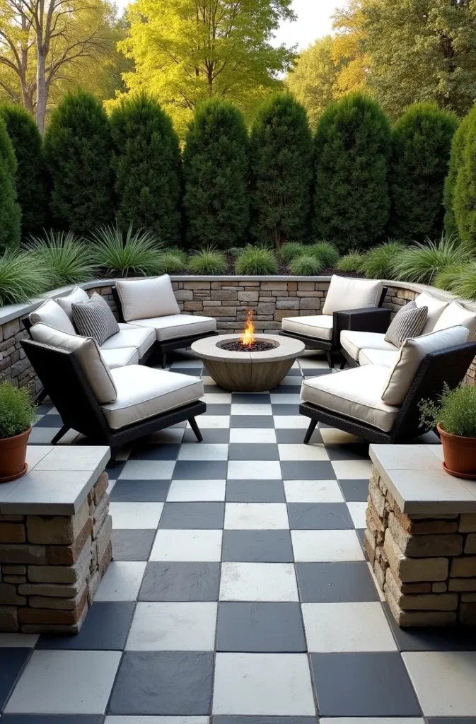 Sunken Patio Checkerboard for a Room-Within-a-Yard Effect