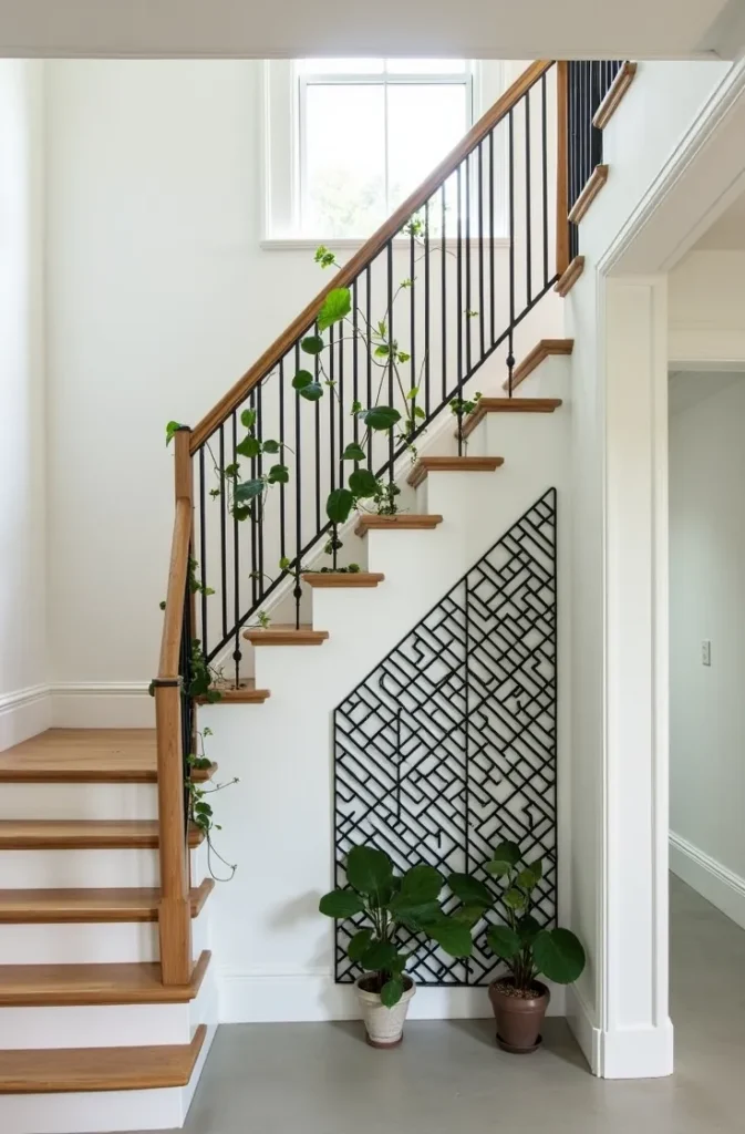 Suspend a Geometric Trellis Frame Under Open Stairs for Climbing Plants