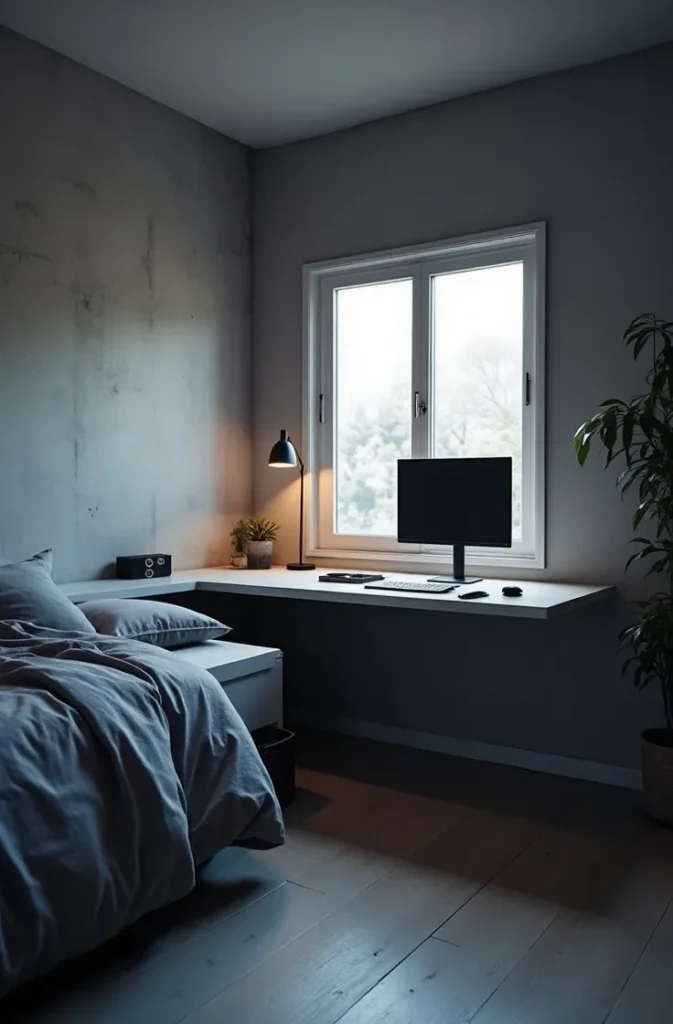 The Corner Desk and Bed L-Layout That Separates Sleep From Work in a Single Room