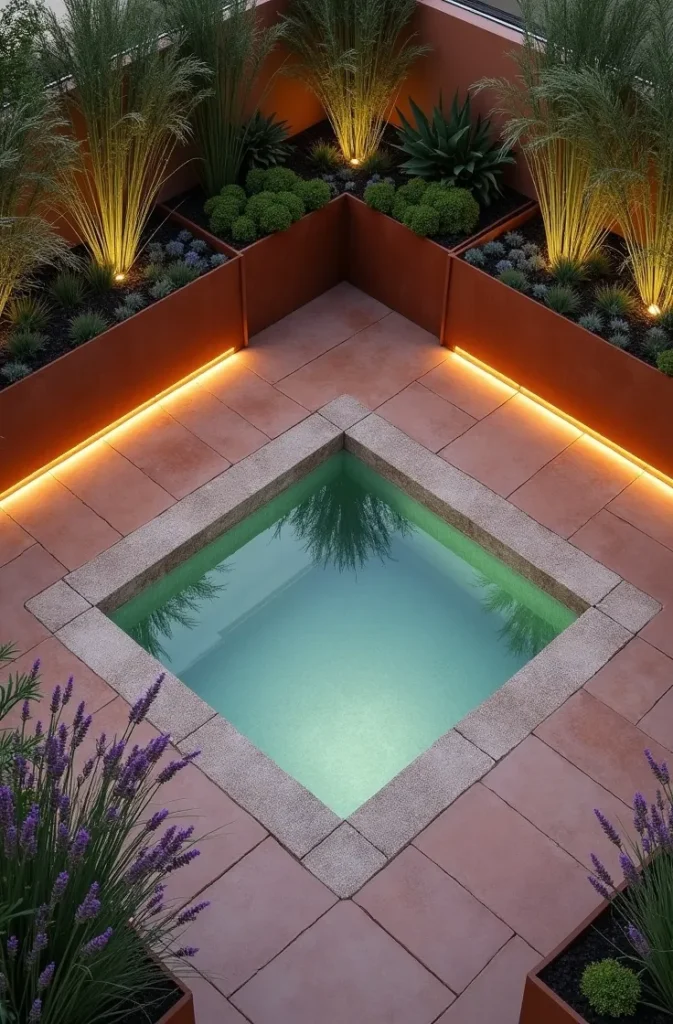 The Courtyard Plunge Pool Framed by Raised Garden Beds for a Garden-Integrated Look