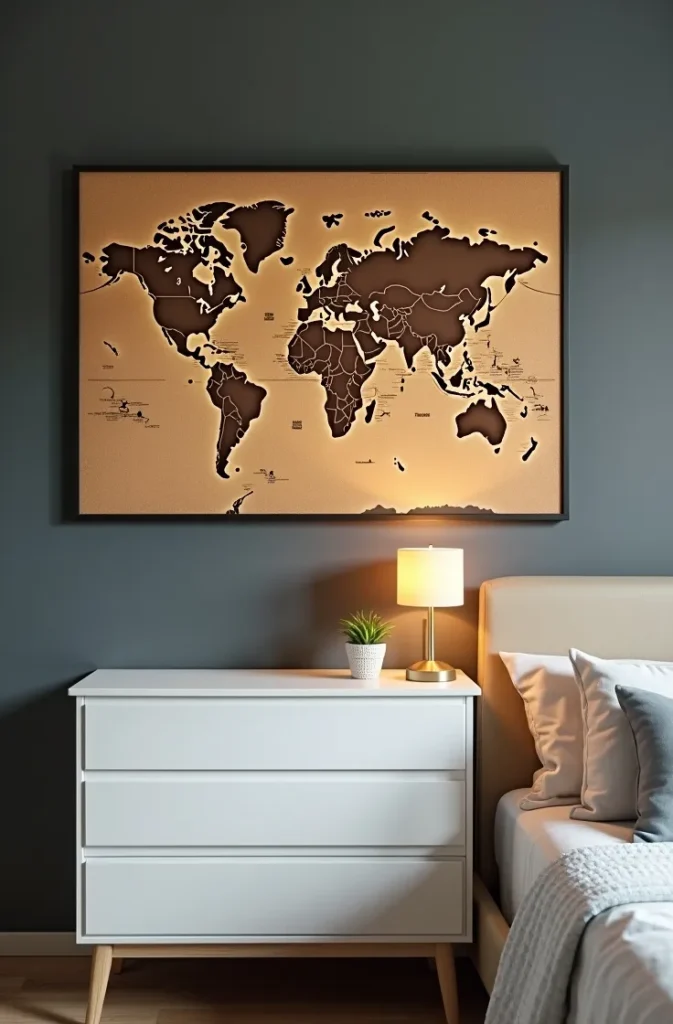 The Destination Pin Map That Gives a Small Bedroom a Personalized Feature Wall