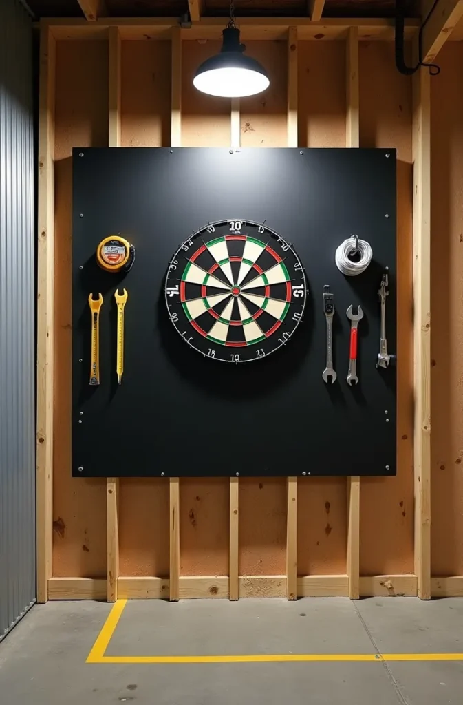 The Garage Workshop Dart Wall With Steel Pegboard and Industrial Mounting