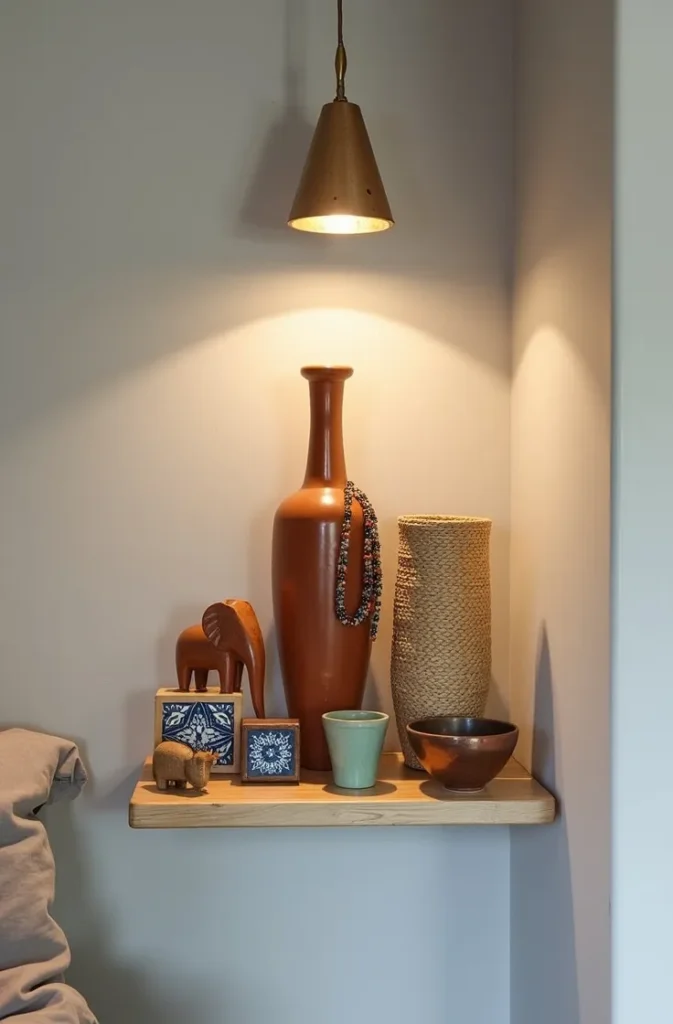 The Local Craft Collection Display That Adds Authentic Cultural Dimension to a Bedroom Shelf