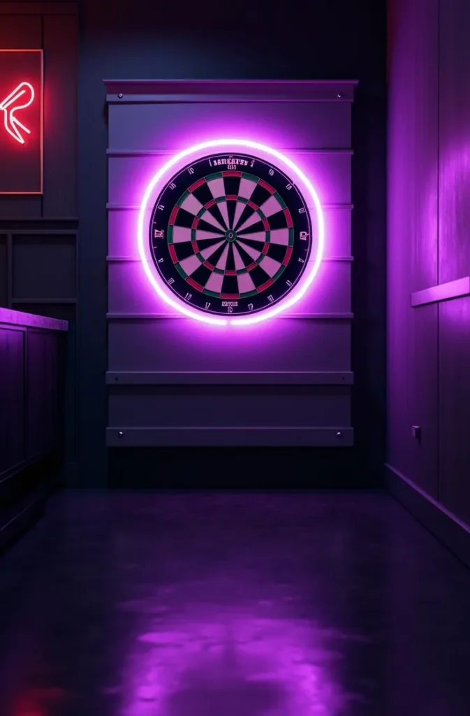 The Man Cave Neon Accent Wall Setup That Makes the Dart Area the Room's Focal Point