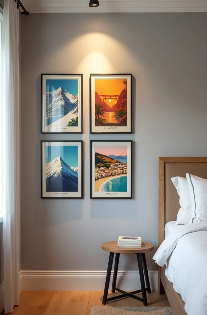The Vintage Travel Poster Collection That Adds Graphic Energy to a Neutral Bedroom