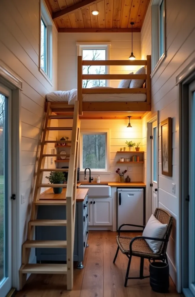 Tiny Guest Cabin Shed With Sleeping Loft and Mini Kitchen
