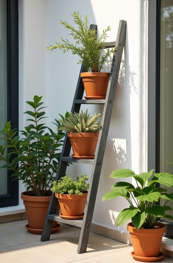 Transform a Worn Wooden Ladder Into a Freestanding Tiered Plant Display