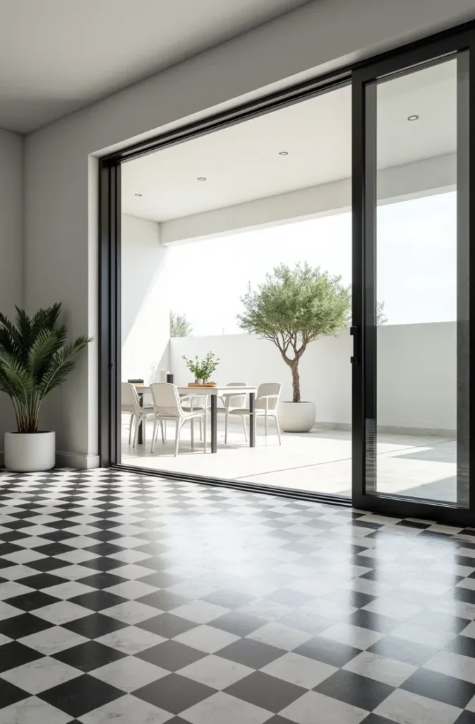 Transitional Indoor-Outdoor Checkerboard That Runs Through Glass Doors