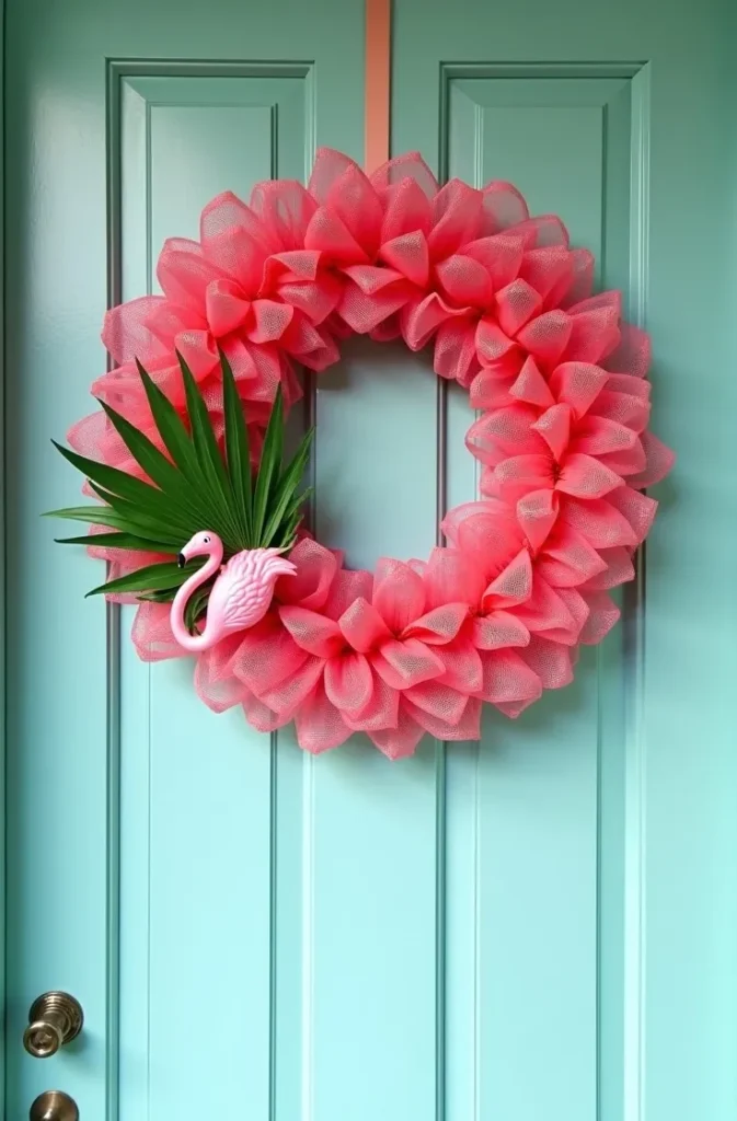 Tropical Flamingo Deco Mesh Wreath for a Coastal Entryway
