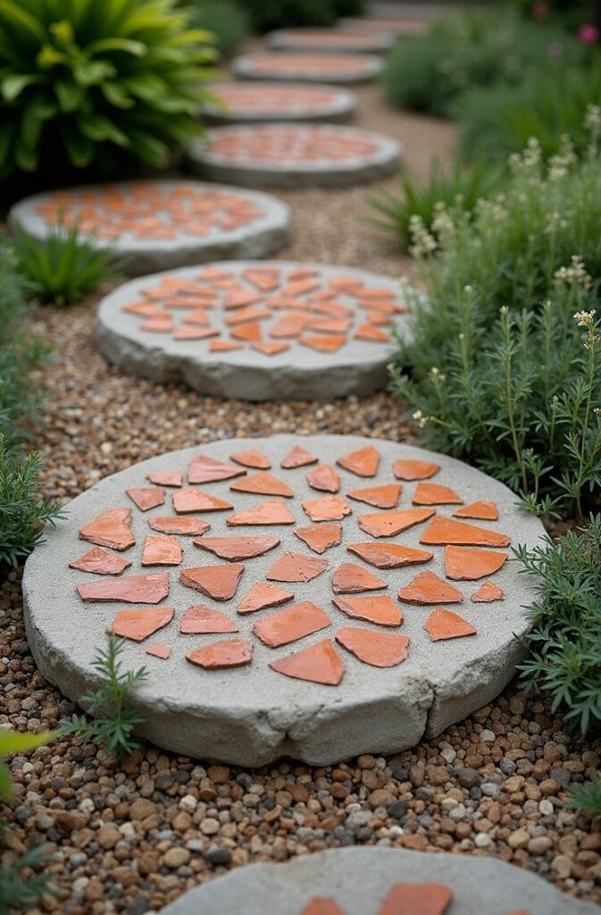 Use Cracked Terracotta Pots as a Mosaic Stepping Stone Base in a Garden Path