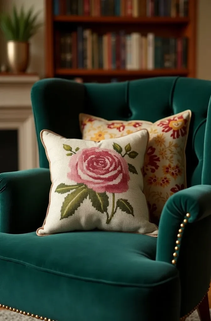 Use Embroidered Linens and Needlepoint Pillows as Accent Pieces
