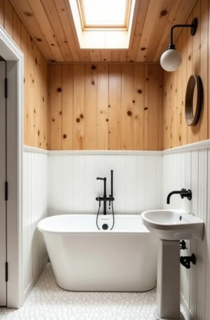 Use Knotty Pine Walls in a Bathroom for a Spa-Inspired Cabin Feel