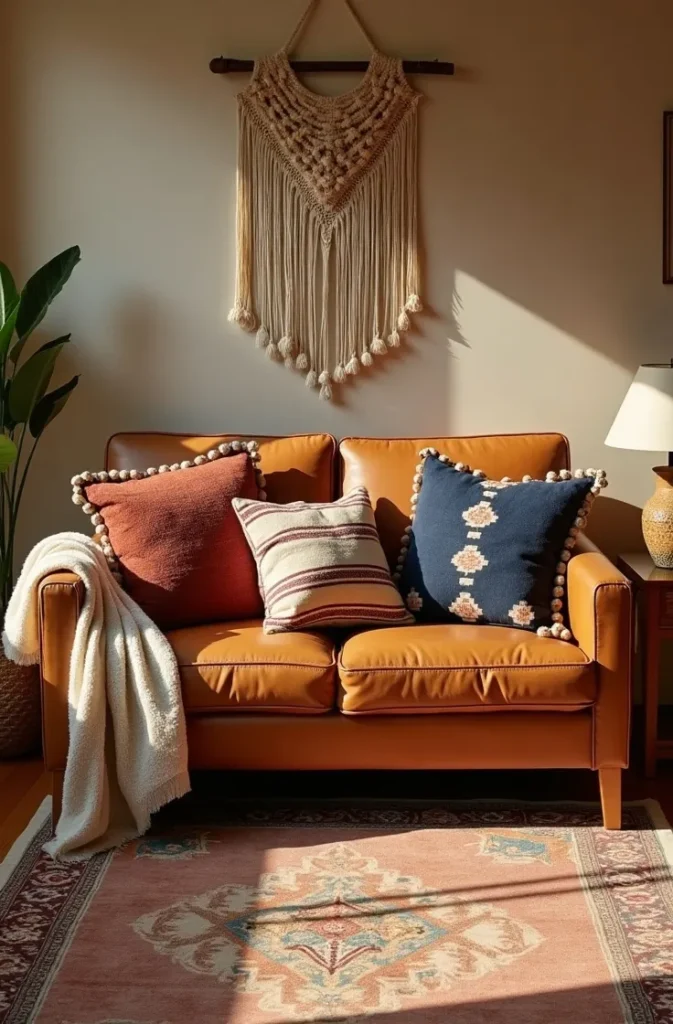 Use a Camel or Cognac Leather Couch as a Warm Anchor for Earthy Boho Styling