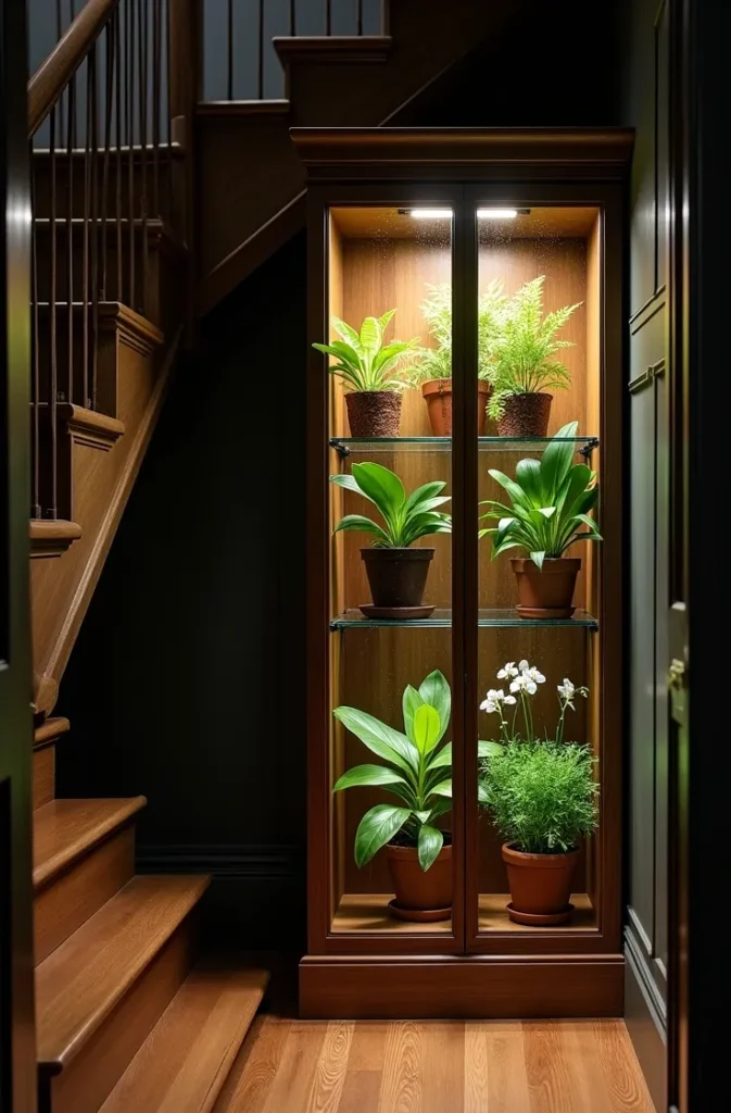 Use a Glass Greenhouse Cabinet Under the Stairs as an Indoor Growing Station