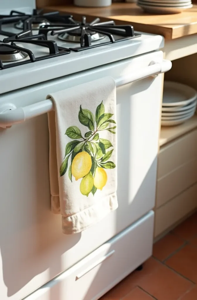 Use a Lemon or Citrus Print Tea Towel Display as Low-Cost Seasonal Decor