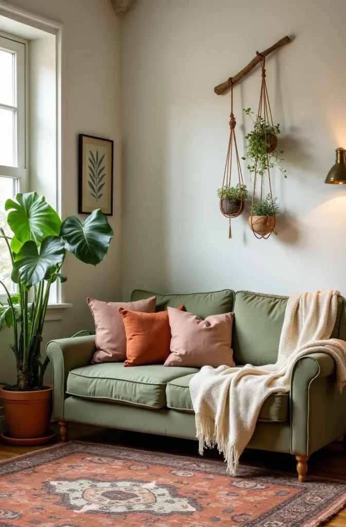 Use a Sage Green Sofa as the Color Anchor in an Earthy Botanical Boho Room