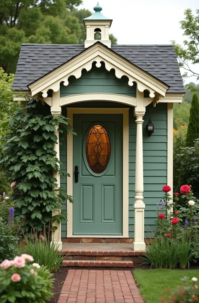 Victorian-Inspired Backyard Shed With Ornamental Trim and Stained Glass